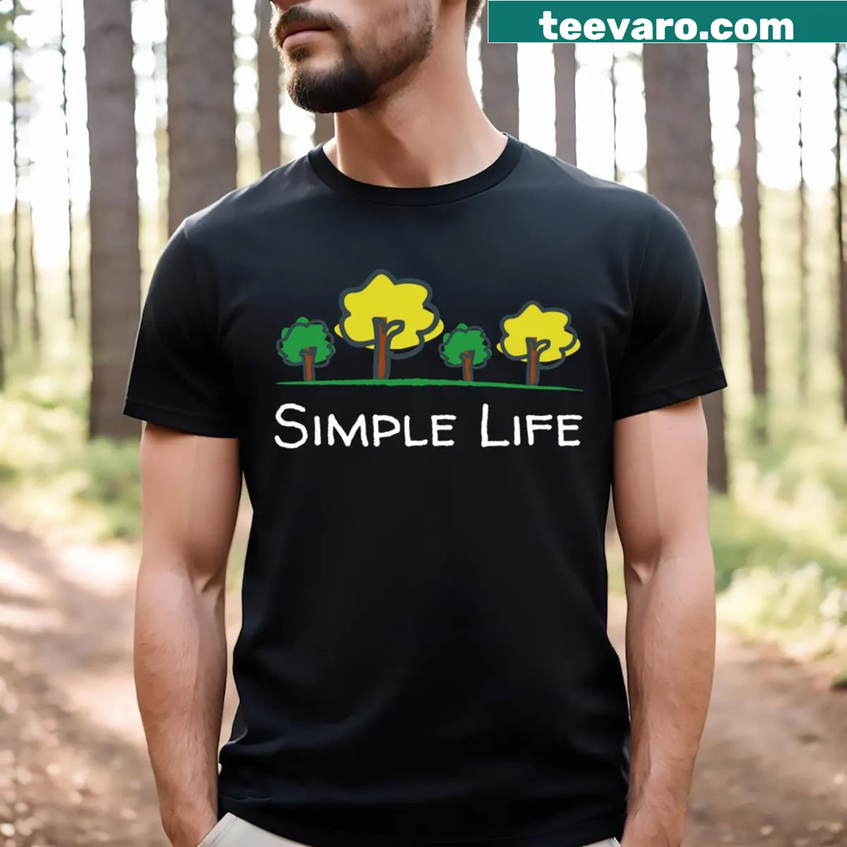 Illustration of four trees on a Simple Life themed t-shirt — on a men's t-shirt