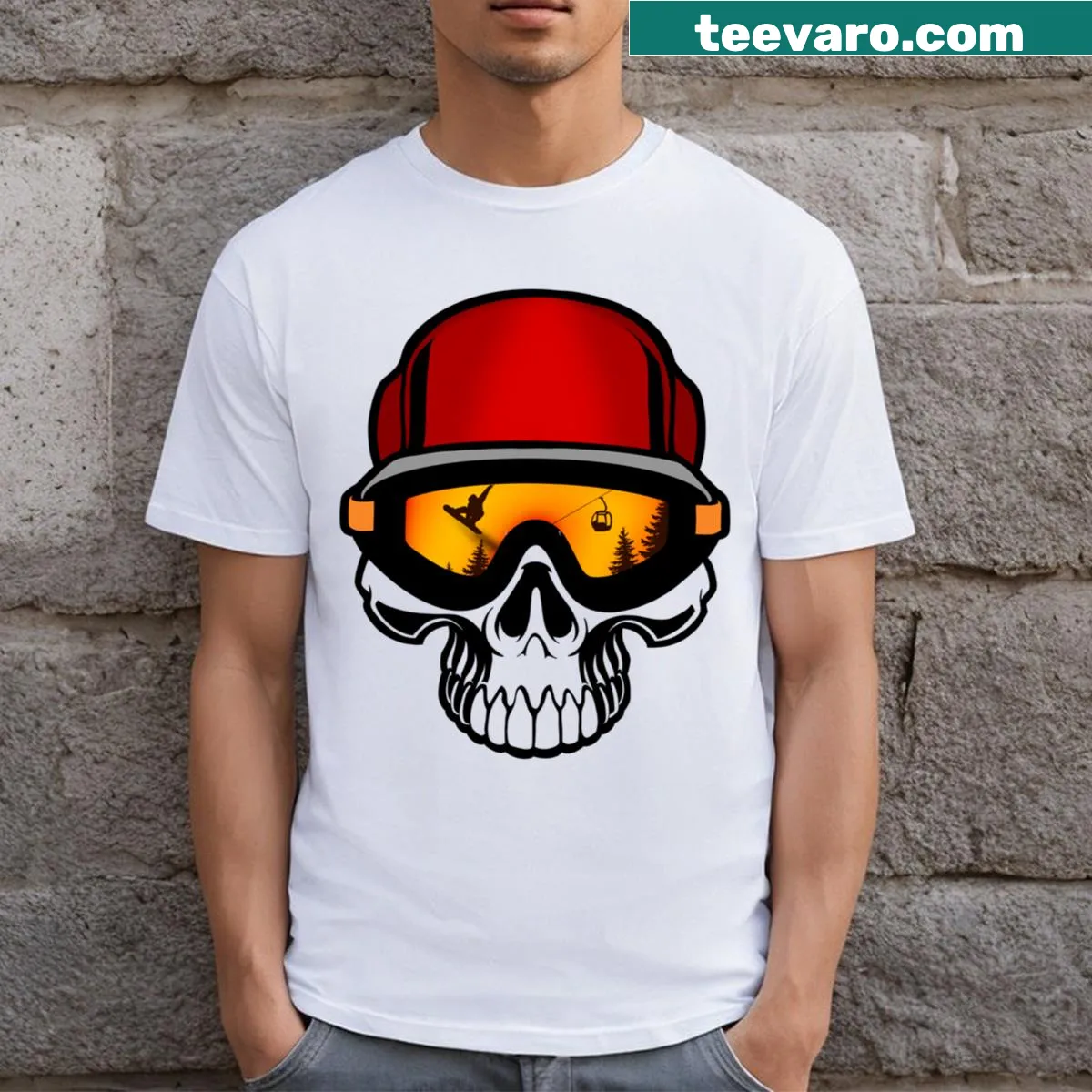 Snowboard-themed T-shirt with skull illustration — on a men's t-shirt
