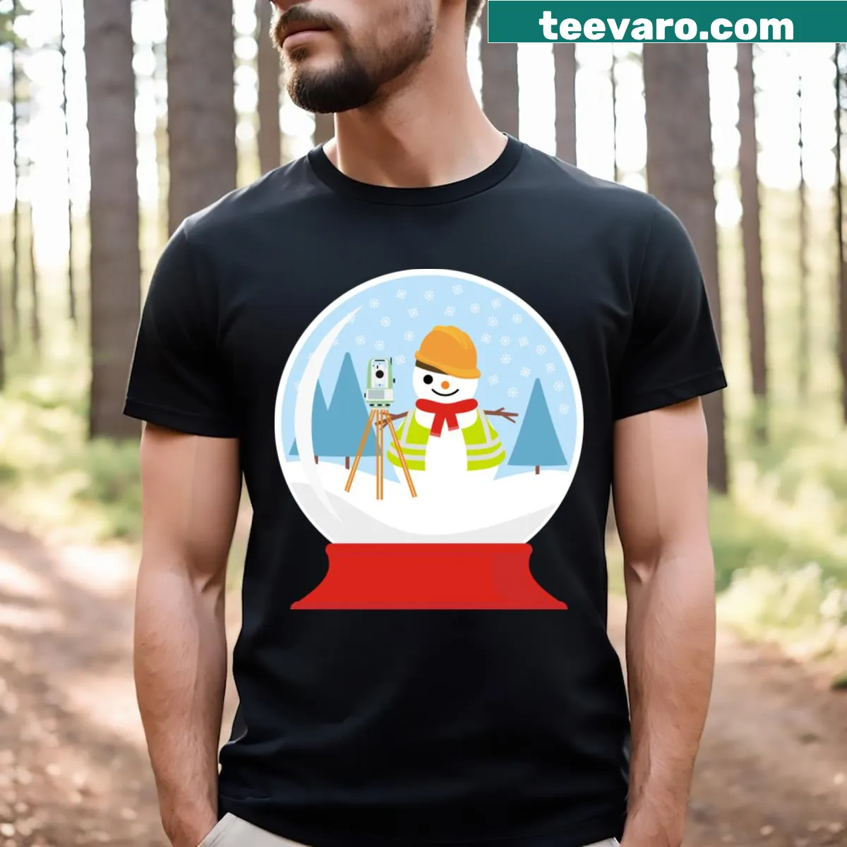 Illustrative Teacher Christmas T-shirt with crayon tree design — on a men's t-shirt