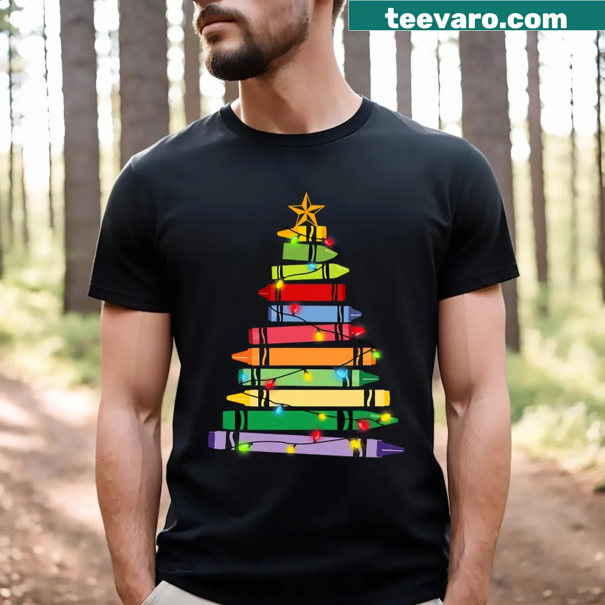 Cute T-shirt with a crayon tree and Christmas lights illustration — on a men's t-shirt