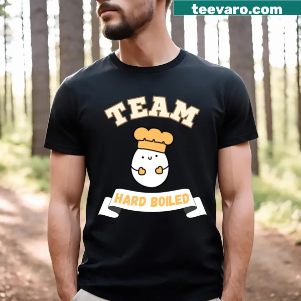 Funny egg-themed T-shirt depicting a cartoon egg on Team Hard Boiled