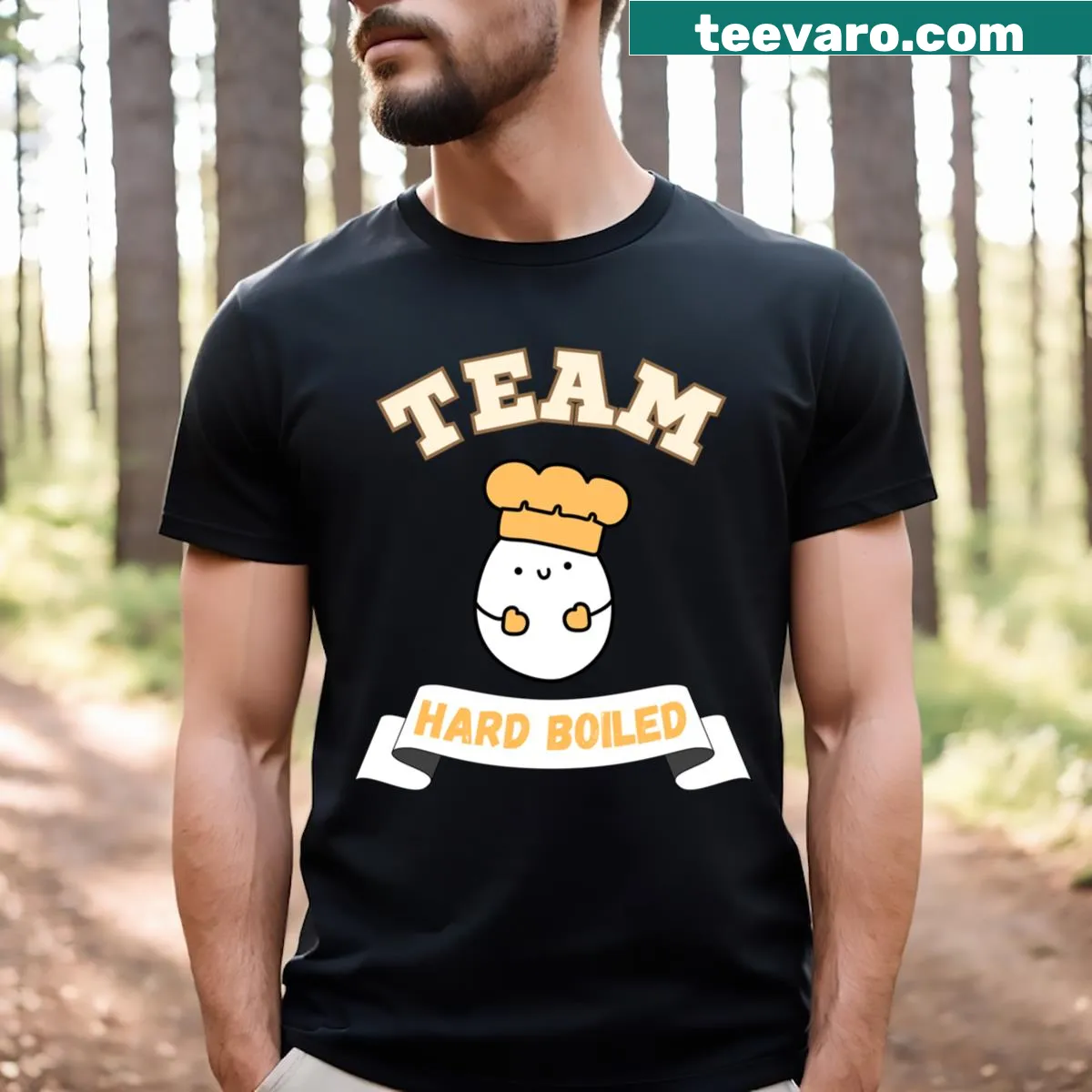 Funny egg-themed T-shirt depicting a cartoon egg on Team Hard Boiled — on a men's t-shirt