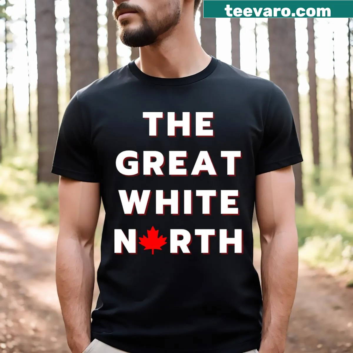 Illustrated Great White North graphic featuring mountains and wildlife — on a men's t-shirt