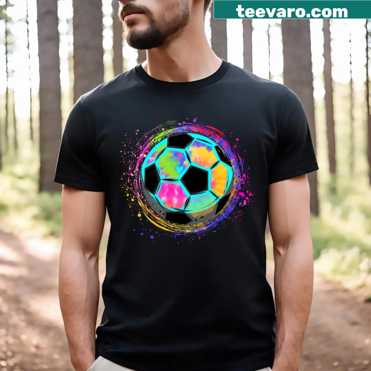 Tie dye soccer ball graphic t-shirt for soccer lovers — on a men's t-shirt