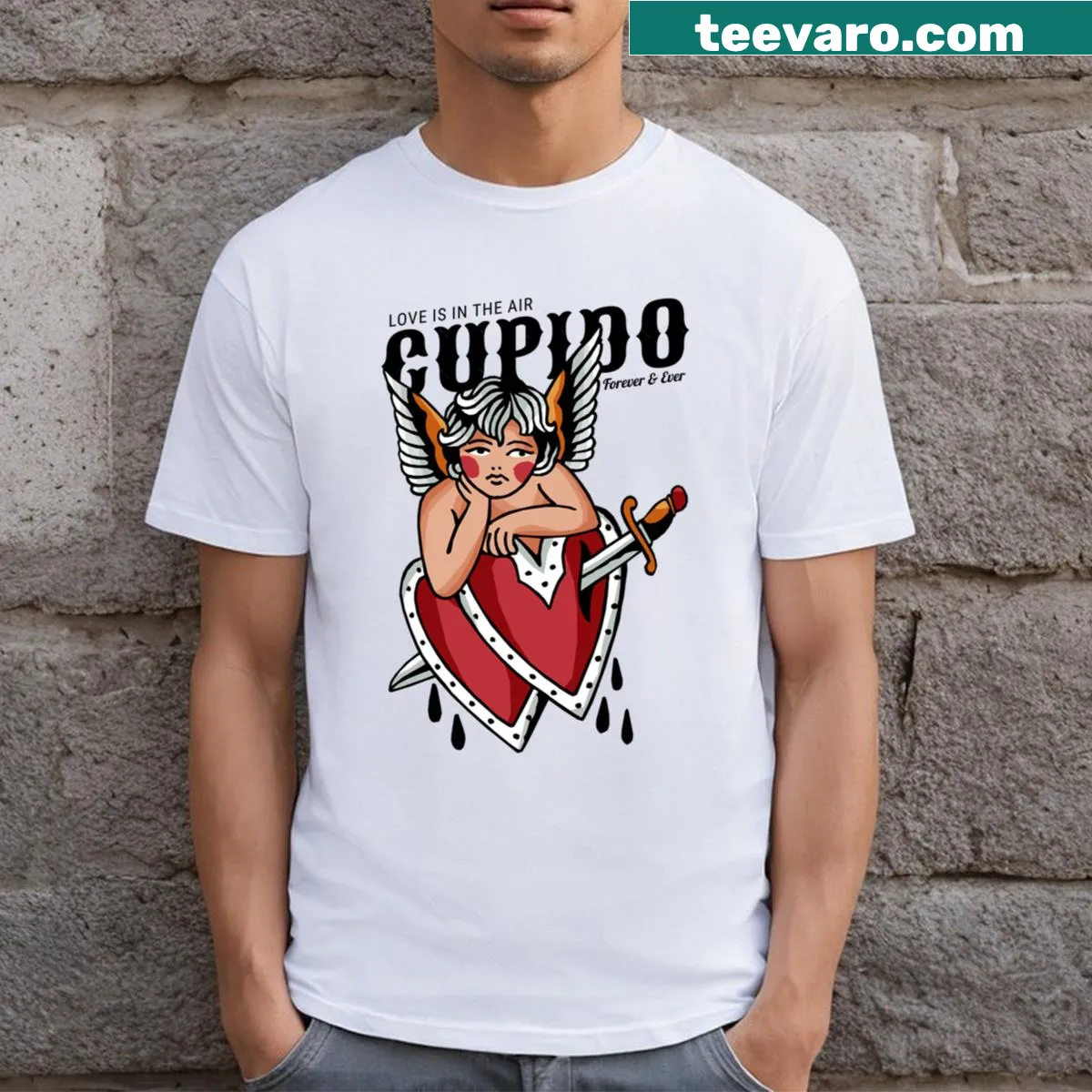 Vintage Cupid design with clouds on T-shirt — on a men's t-shirt