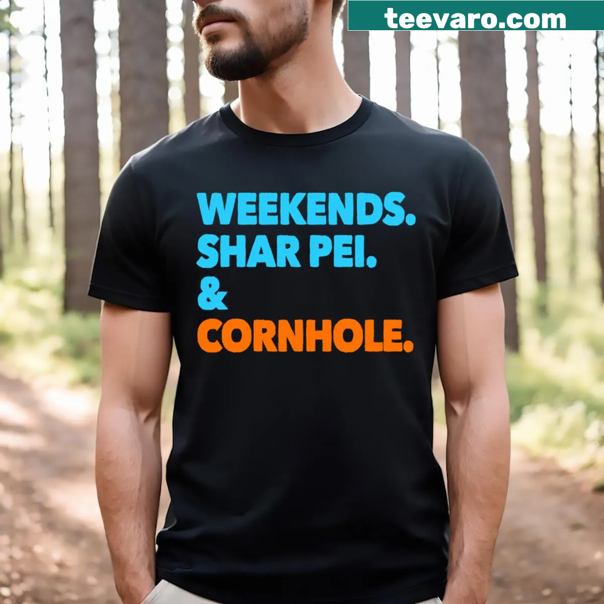 Funny cartoon t-shirt featuring a Shar Pei and cornhole — on a men's t-shirt