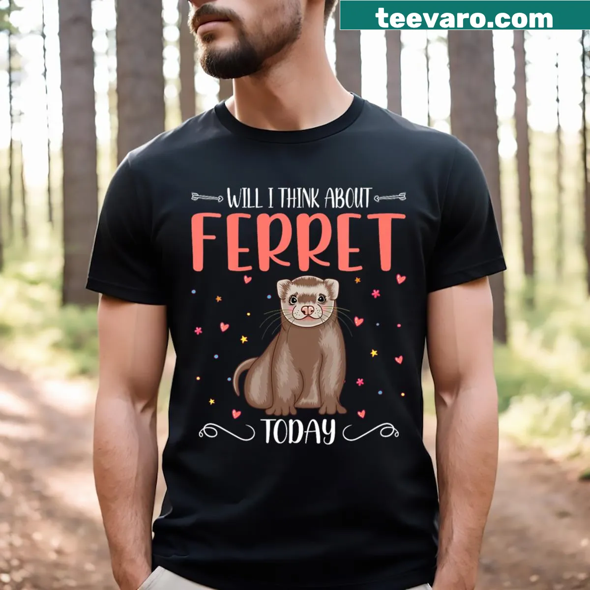 V-neck T-shirt with text about thinking of ferrets — on a men's t-shirt