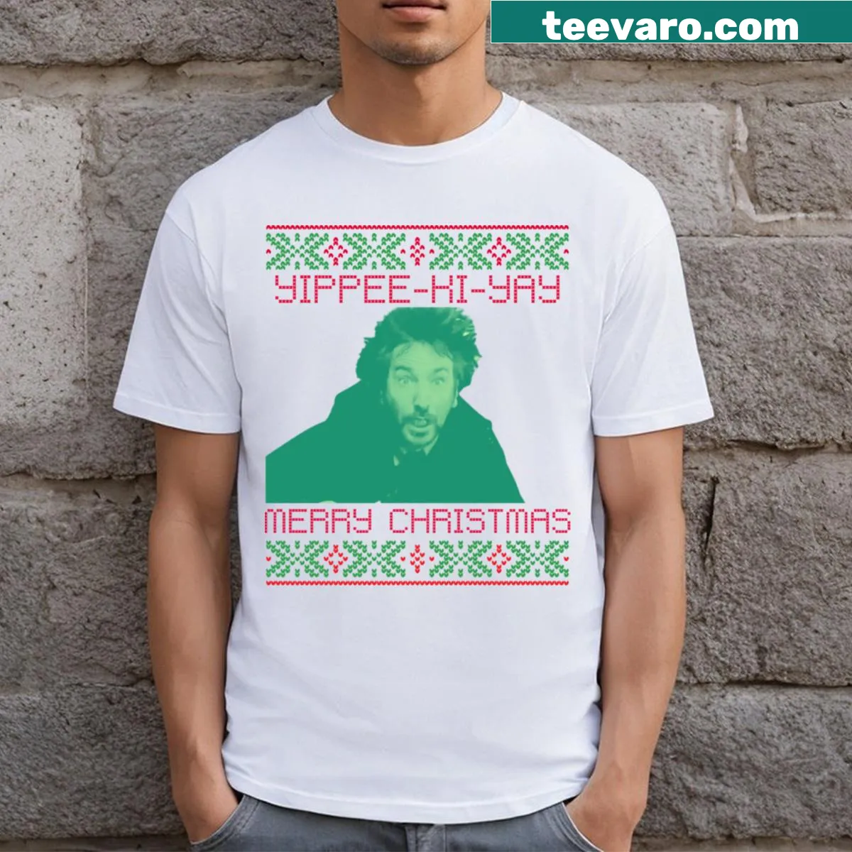 Merry Christmas t-shirt featuring playful Yippee Ki Yay text — on a men's t-shirt