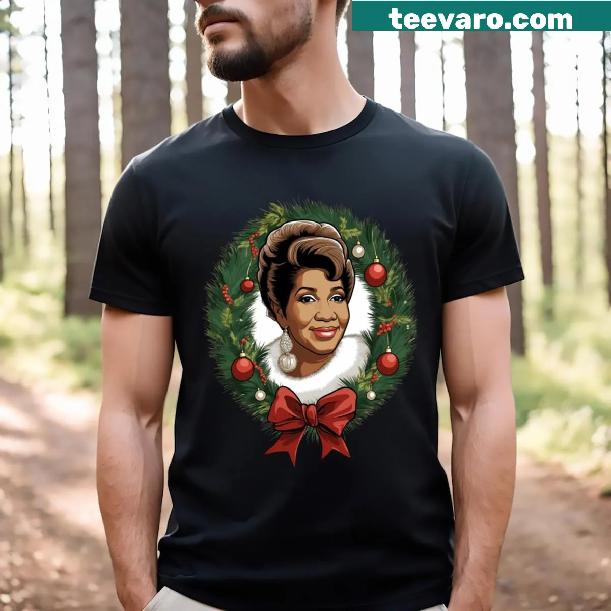 Tribute T-shirt featuring a graphic of Aretha Franklin. — on a men's t-shirt