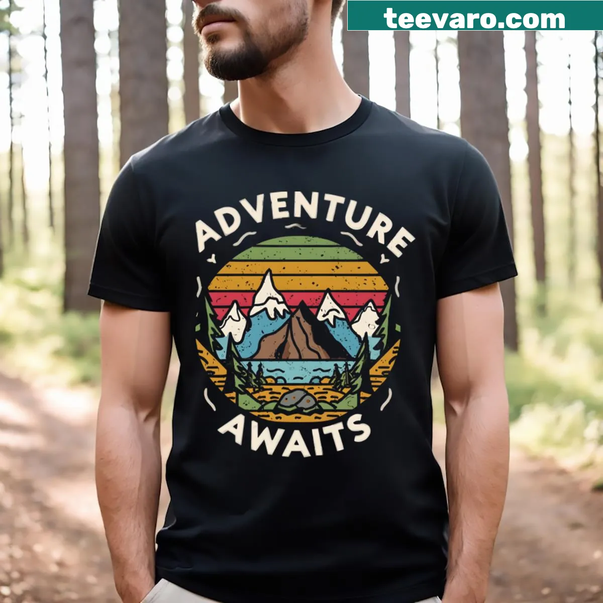 Retro mountain design with the text "Adventure Awaits" — on a men's t-shirt