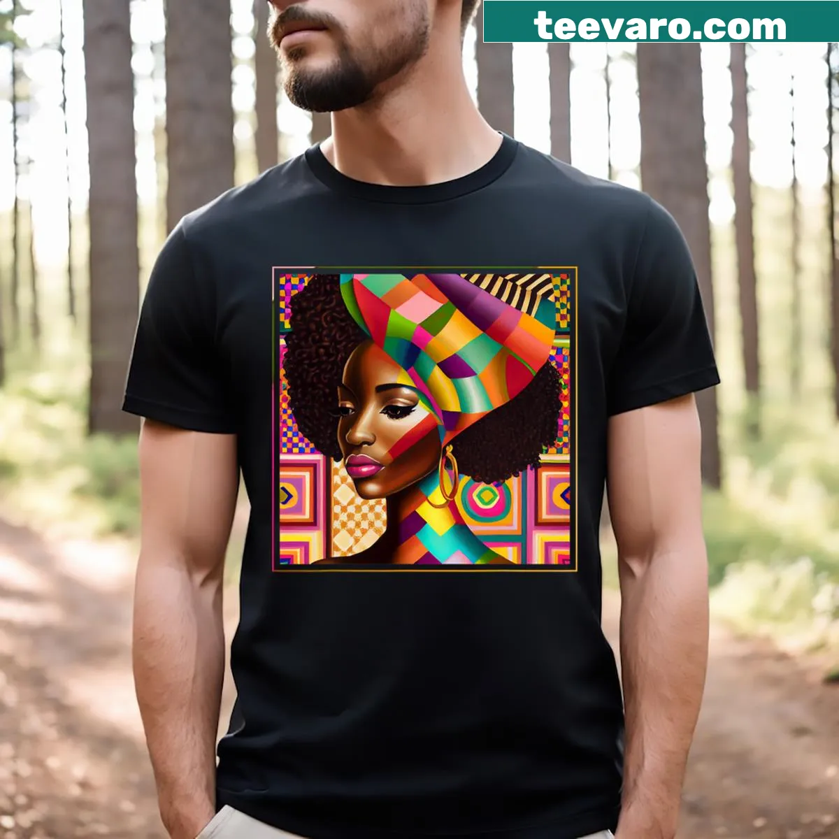 T-shirt featuring Kente cloth artwork celebrating African culture — on a men's t-shirt