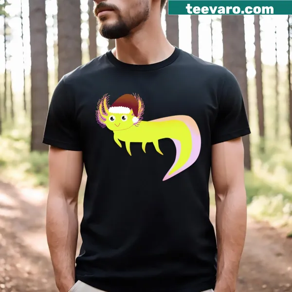 Cute axolotl illustration on a Christmas-themed T-shirt for kids