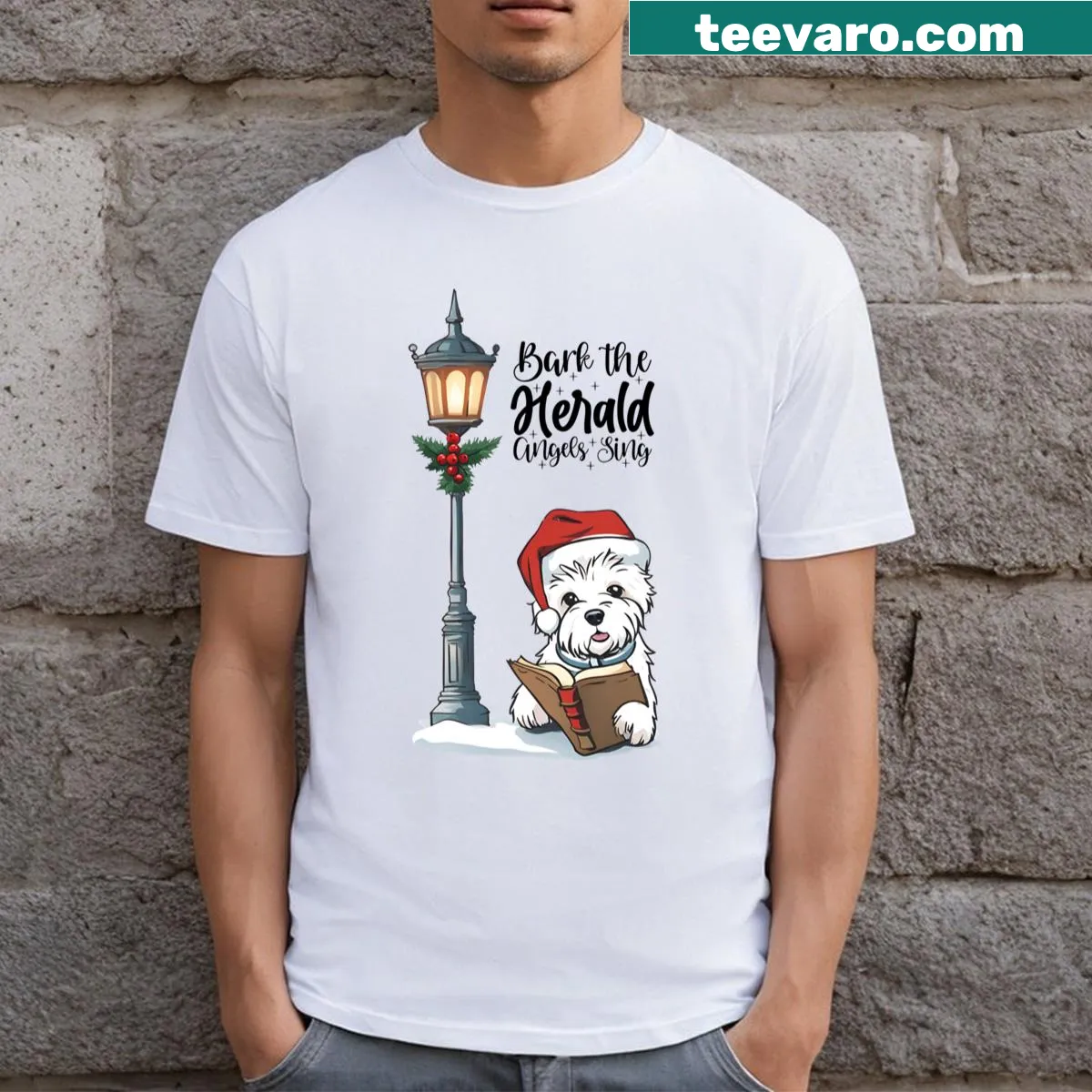 T-shirt with the phrase Bark The Herald Angels Sing and Westie illustration — on a men's t-shirt