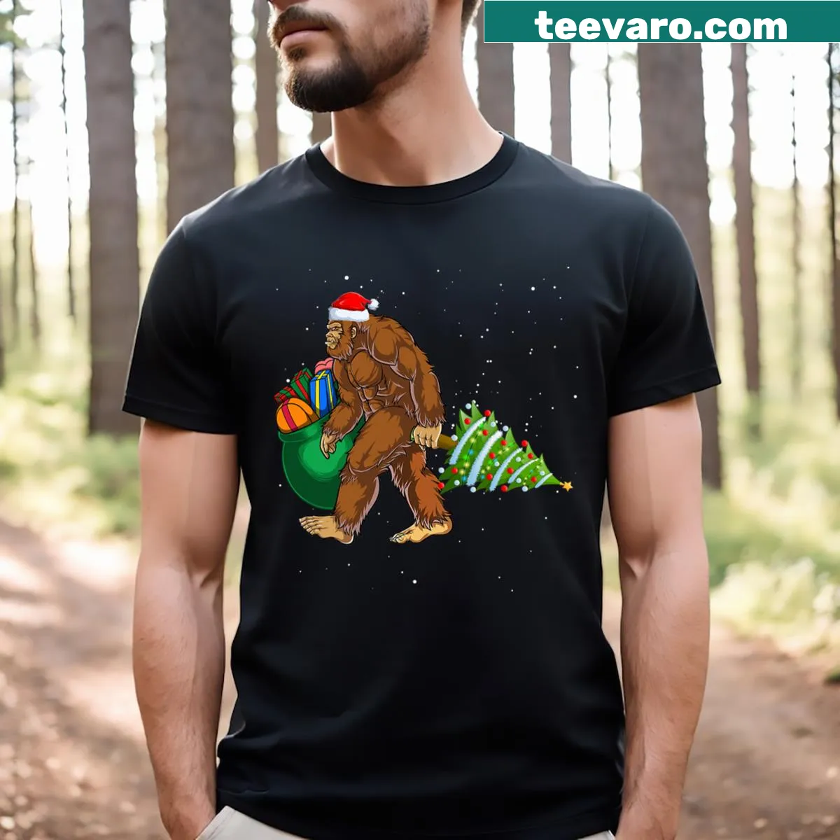 Bigfoot graphic with Christmas lights T-shirt — on a men's t-shirt