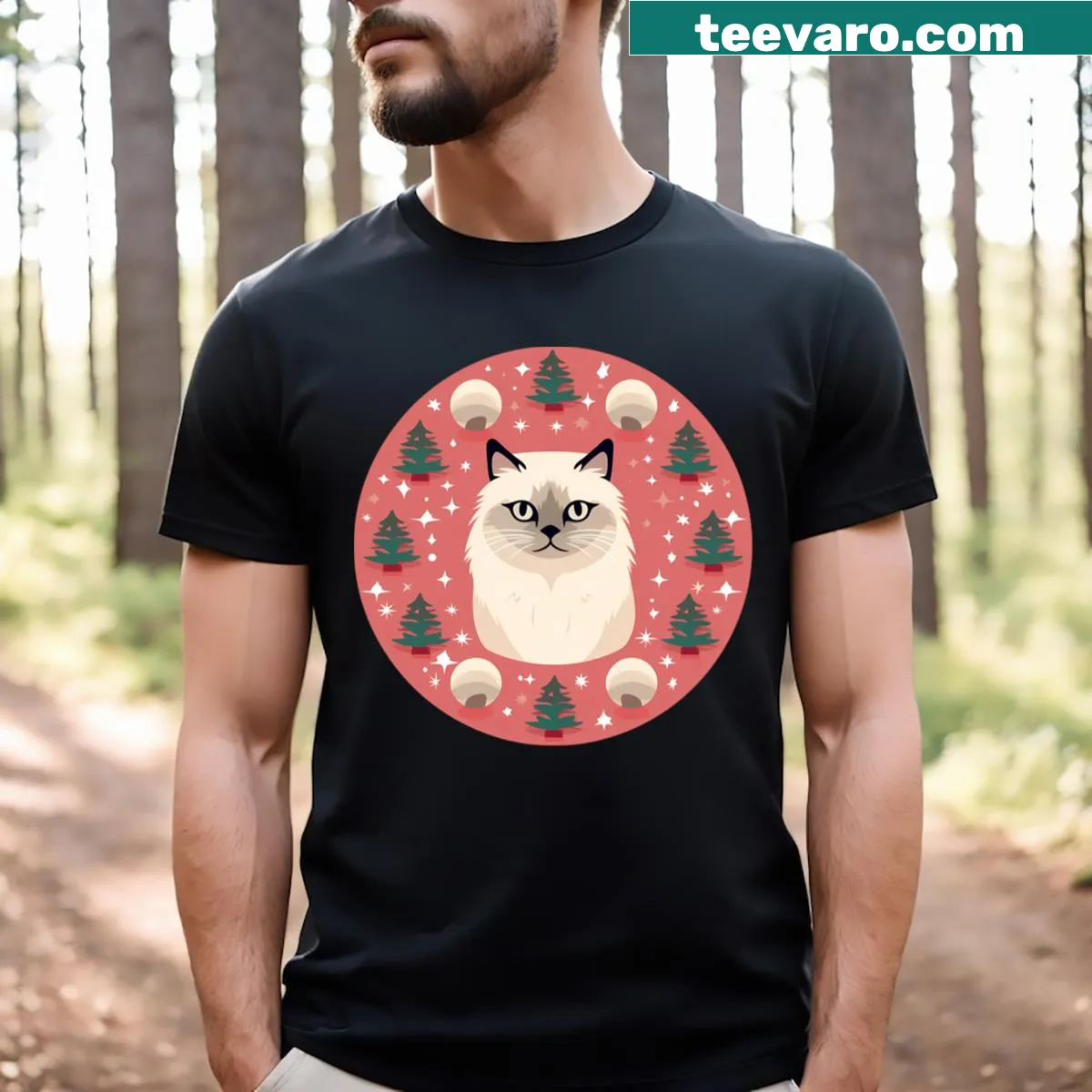 Christmas t-shirt featuring a Birman cat with ornaments — on a men's t-shirt