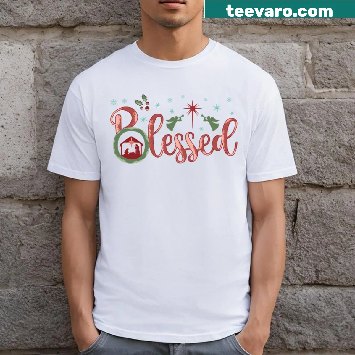 Nativity scene illustration on a Christmas T-shirt — on a men's t-shirt