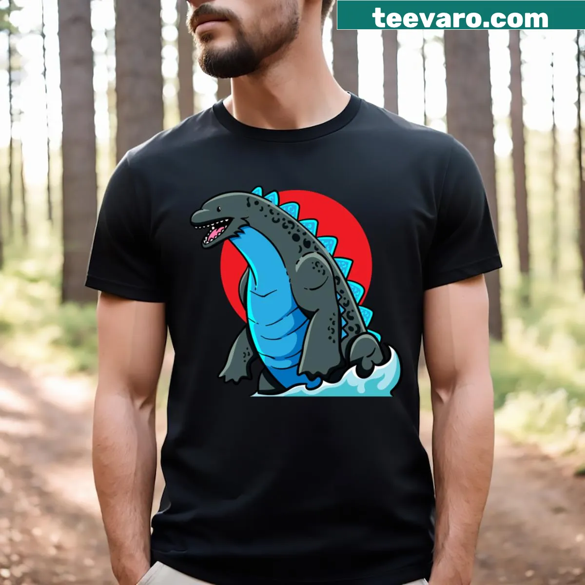 Illustrated Godzilla engulfed in flames on a t-shirt — on a men's t-shirt