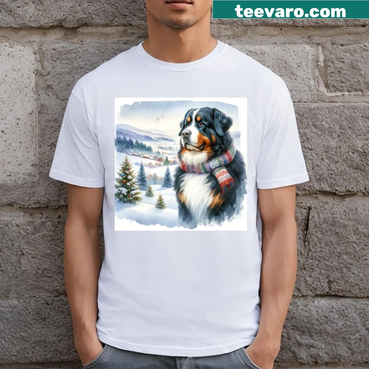 Serene Bernese Mountain Dog illustration surrounded by Christmas decor. — on a men's t-shirt
