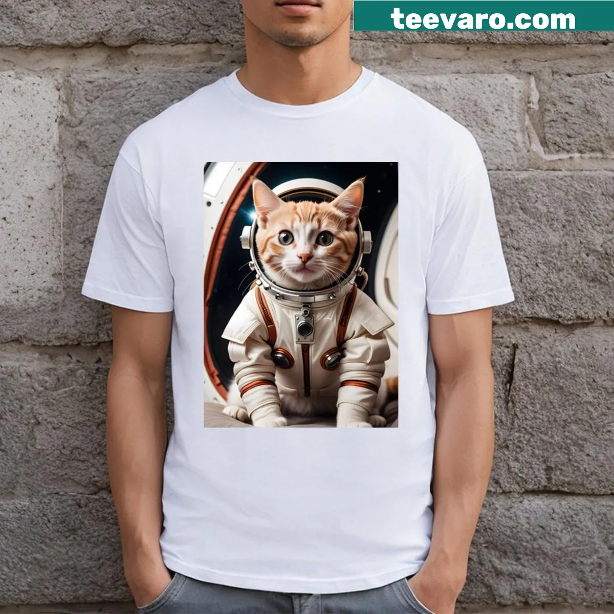 Cartoon cat in a space suit illustrated T-shirt — on a men's t-shirt
