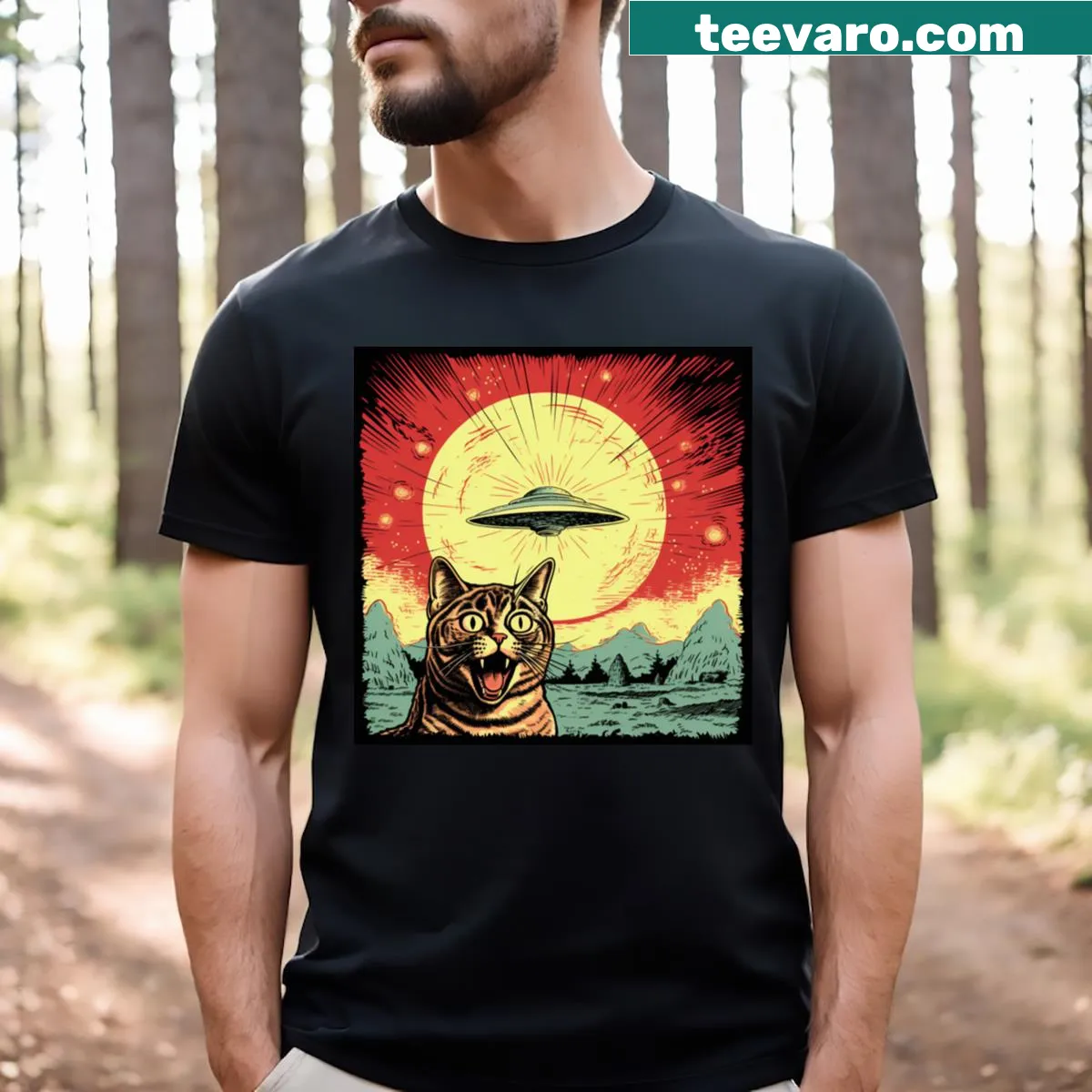 Cartoon design of a cat with a UFO on a T-shirt — on a men's t-shirt