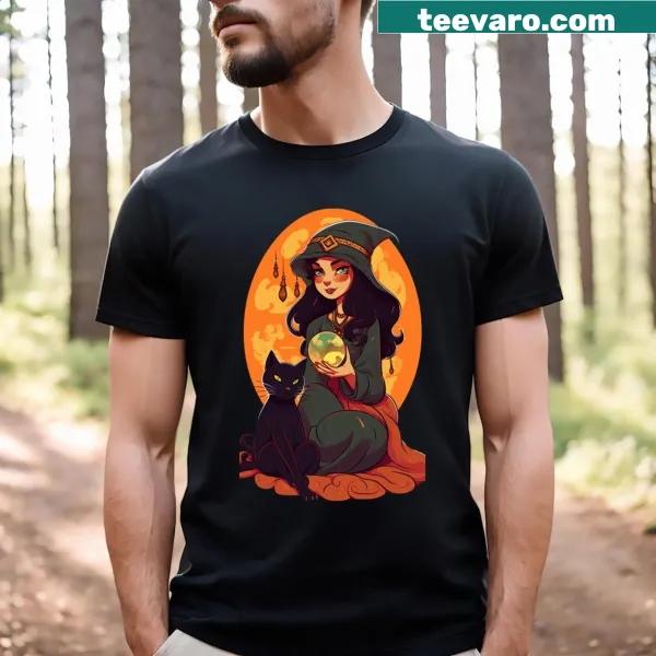 Whimsical illustration of a cat as a witch on a T-shirt