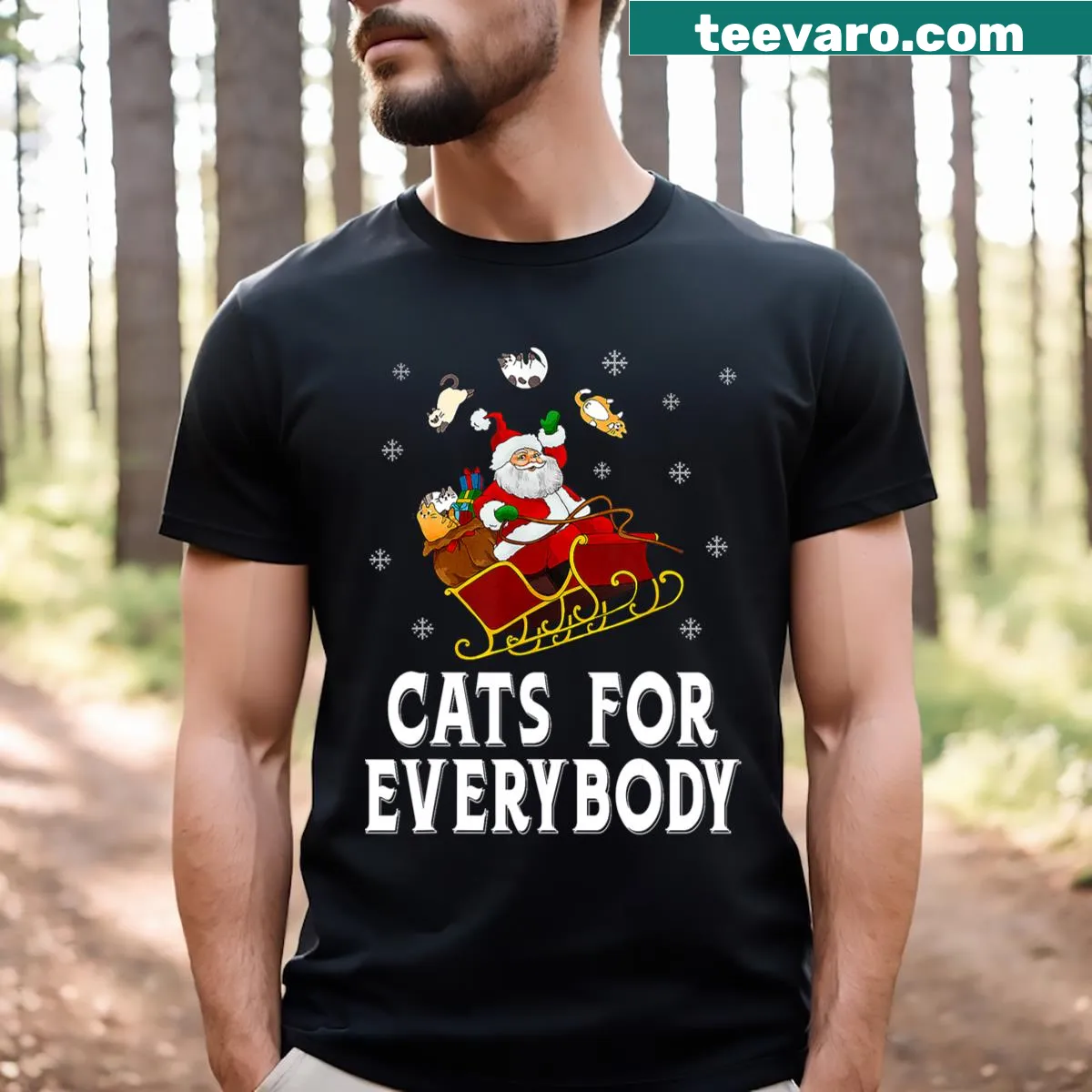 Funny Christmas T-shirt featuring cats with Santa hats and jolly text — on a men's t-shirt