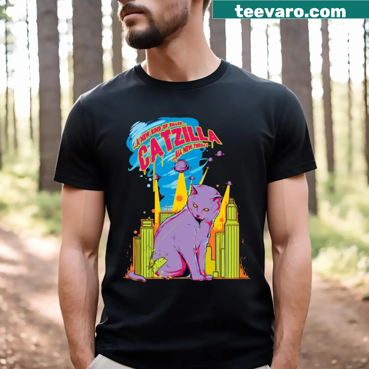 T-shirt featuring cartoon monster cat Catziila for gamers — on a men's t-shirt