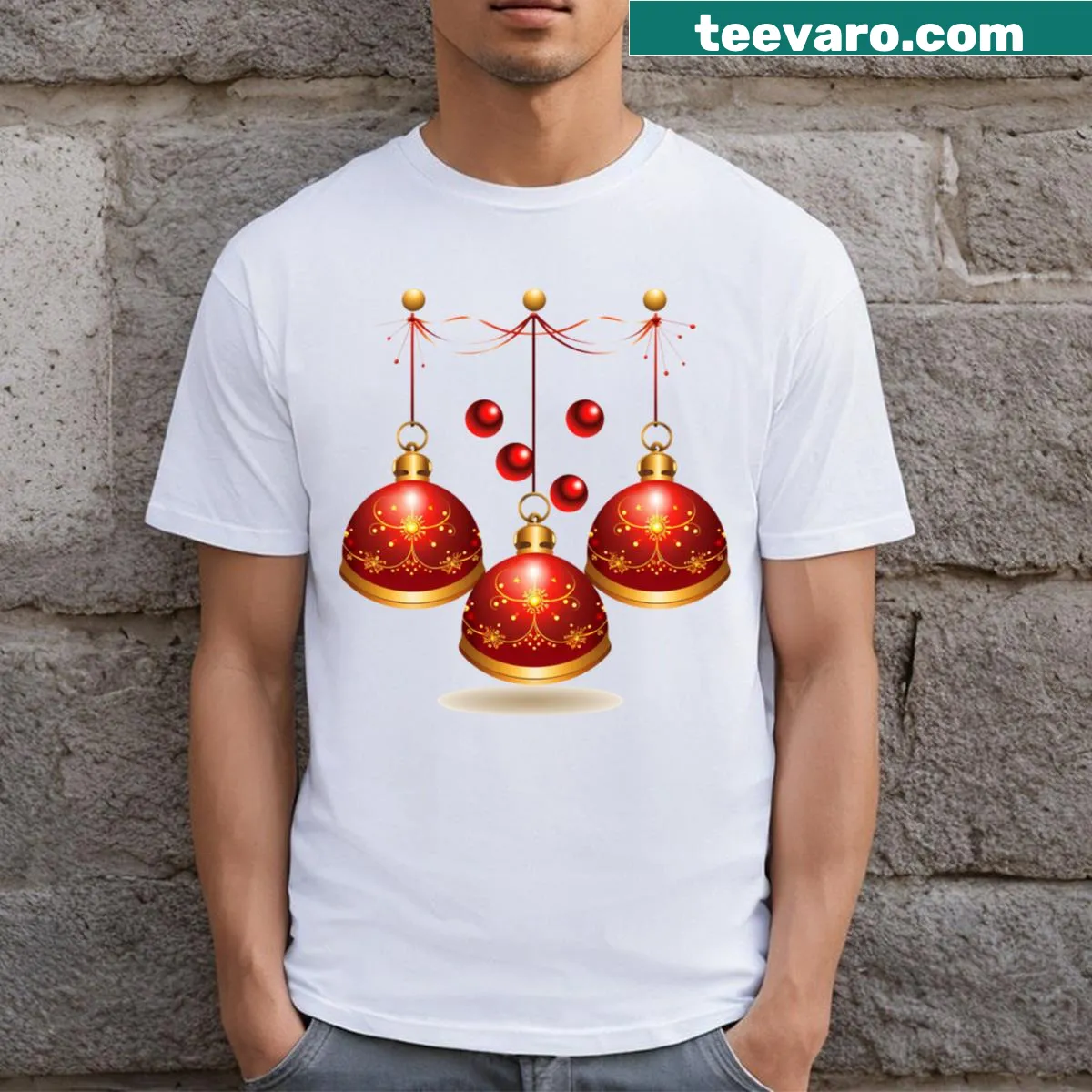 T-shirt featuring a festive design of Christmas bells. — on a men's t-shirt