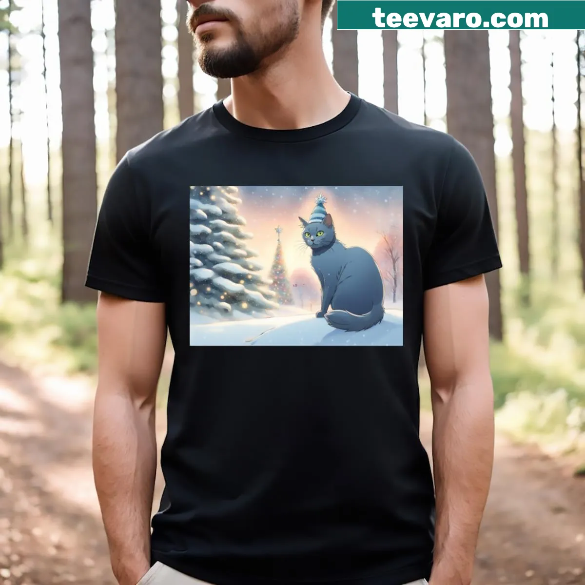 Christmas T-shirt featuring a cute blue cat design — on a men's t-shirt