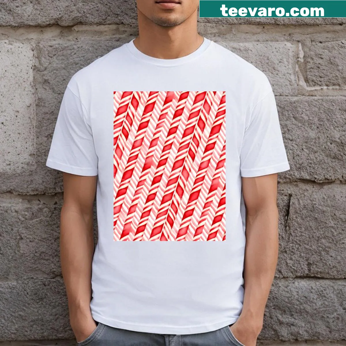 Candy cane pattern graphic on a Christmas T-shirt — on a men's t-shirt