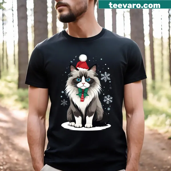 Adorable Christmas-themed cat illustration on a t-shirt