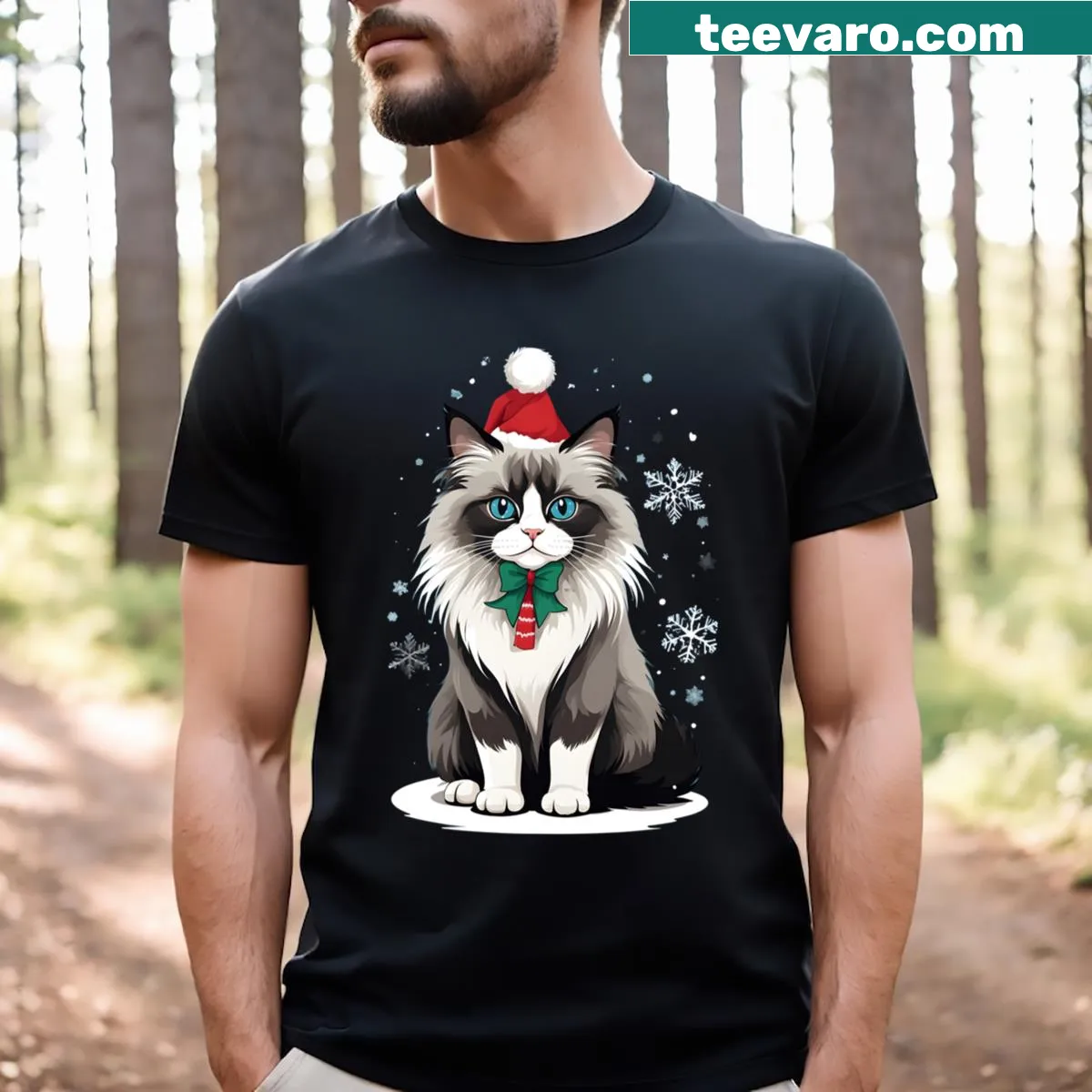 Adorable Christmas-themed cat illustration on a t-shirt — on a men's t-shirt