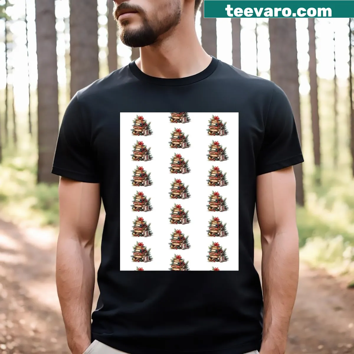 Graphic T-shirt showcasing books and cocoa in a festive design — on a men's t-shirt