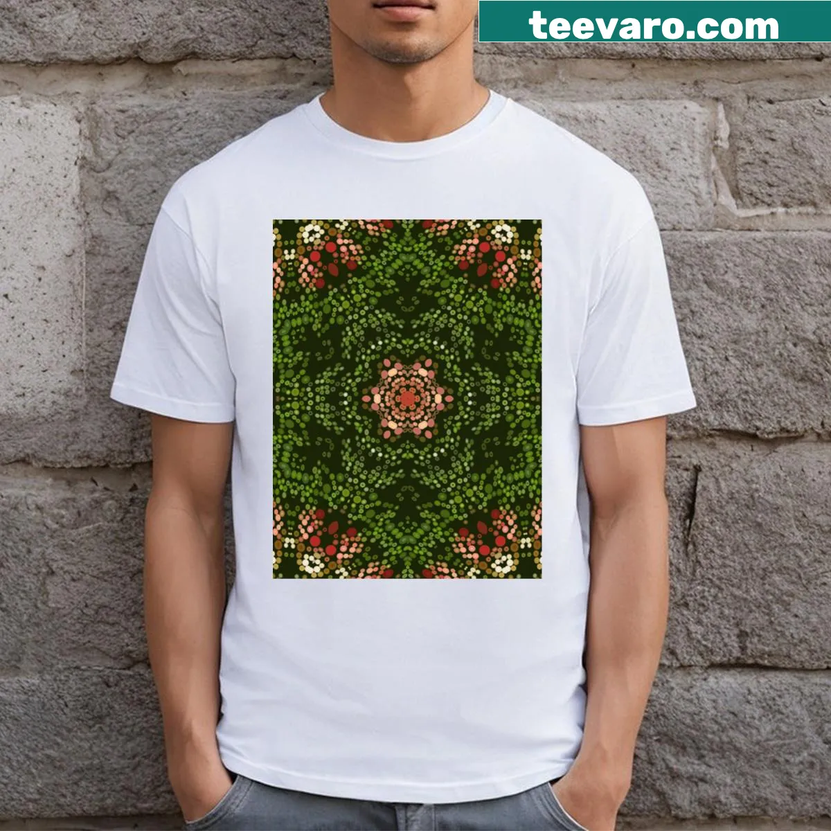 Intricate dot mandala design for Christmas on a t-shirt — on a men's t-shirt
