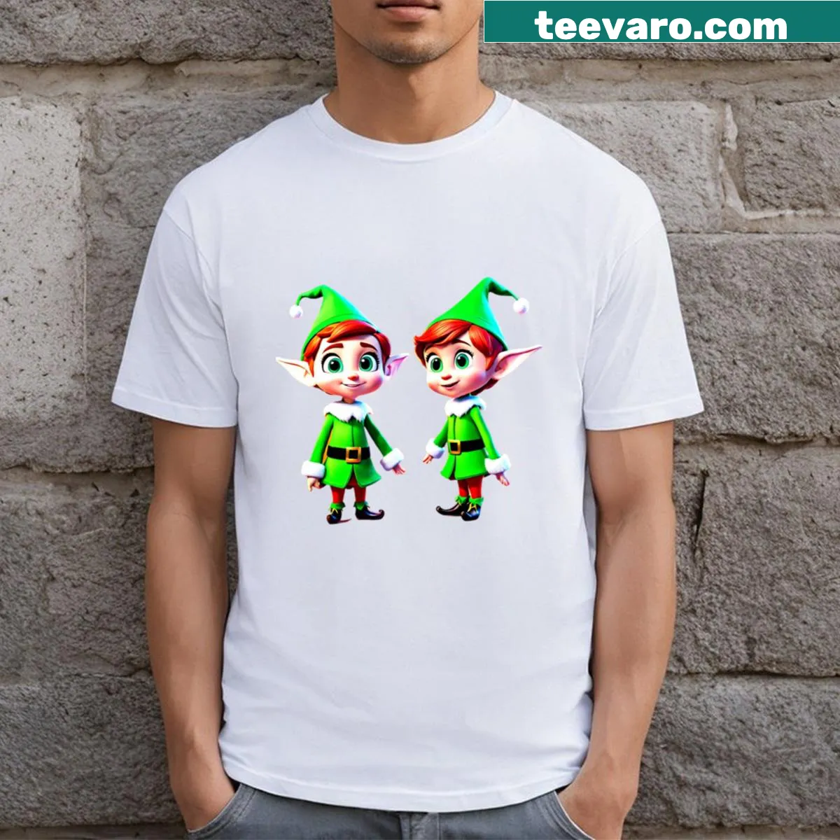 Group of joyful elves on a Christmas T-shirt — on a men's t-shirt