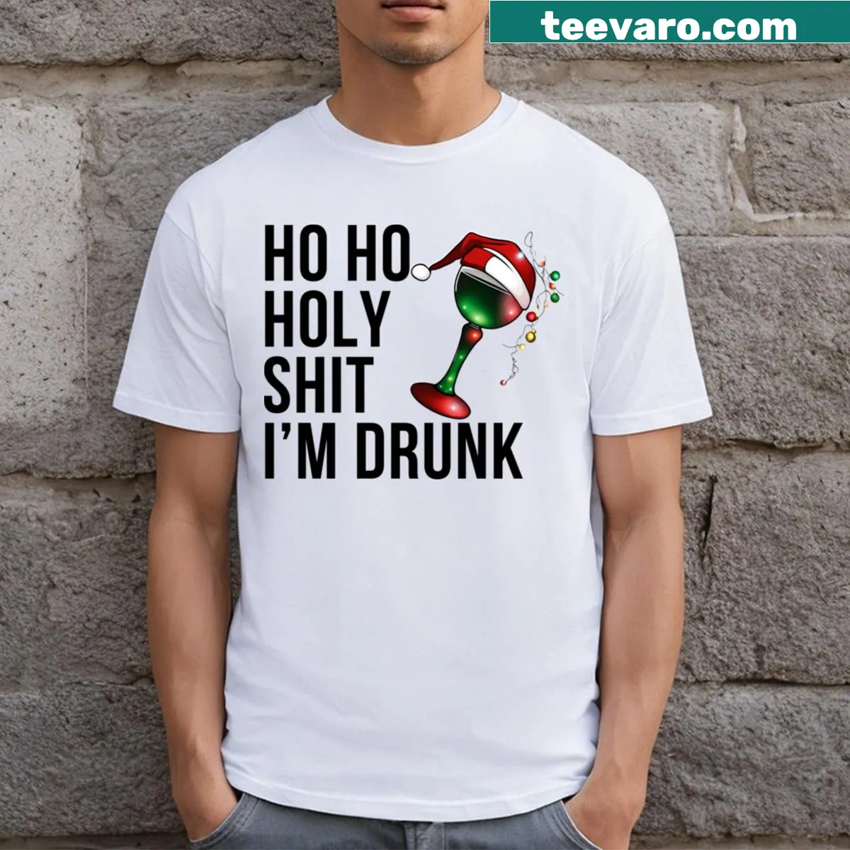Black T-shirt with humorous Christmas design saying 'Ho Ho Holy Shit I'm Drunk' — on a men's t-shirt
