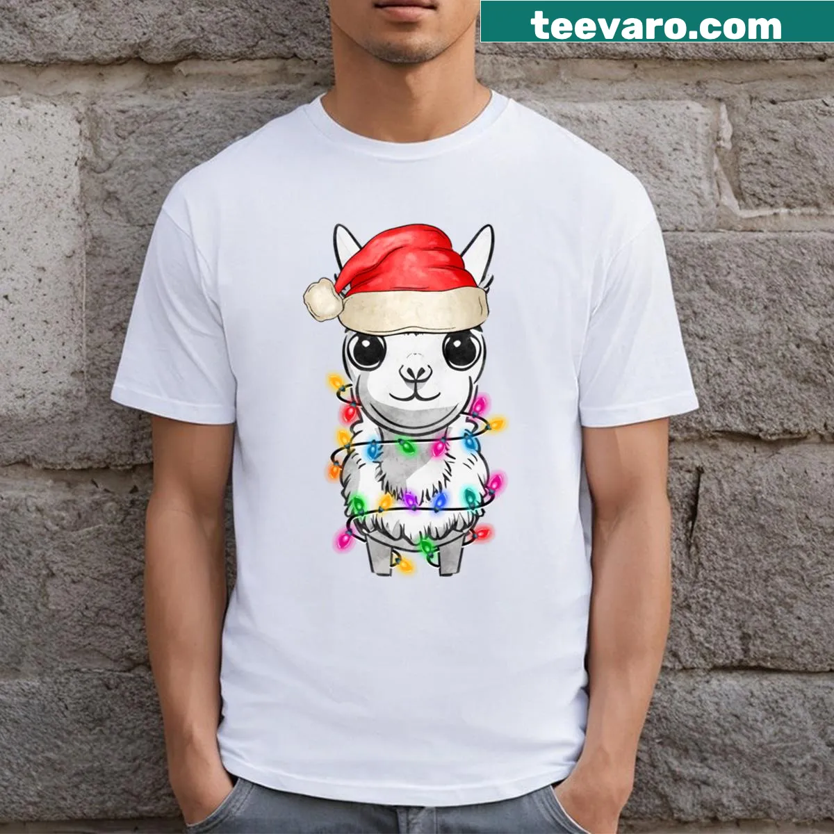 Cute Christmas t-shirt with a llama and lights graphic — on a men's t-shirt