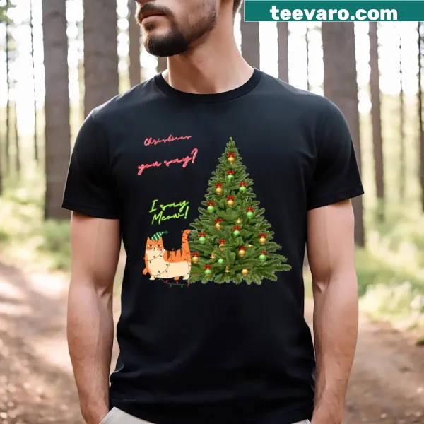 Cat graphic with 'Christmas Meow!' text on a T-shirt