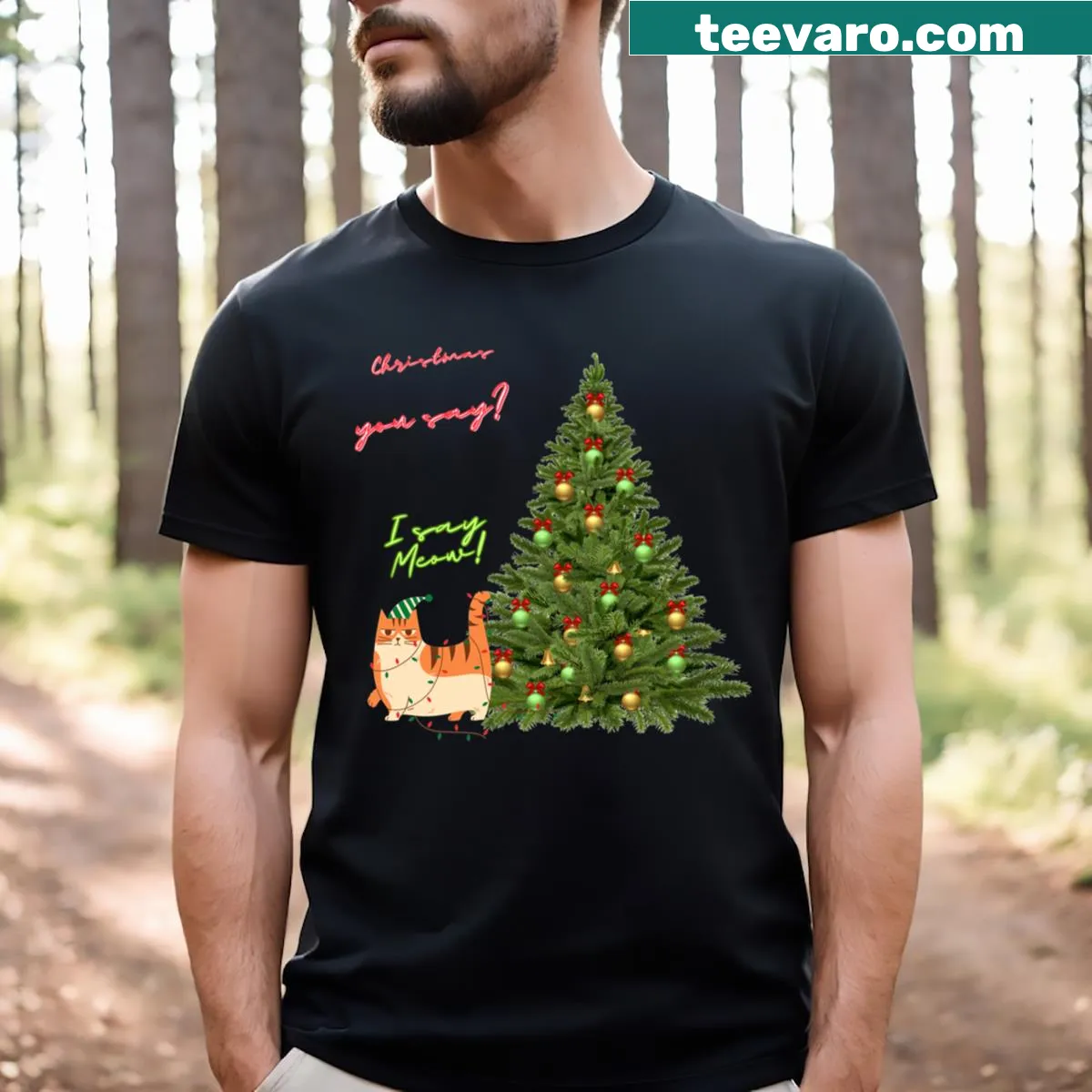 Cat graphic with 'Christmas Meow!' text on a T-shirt — on a men's t-shirt