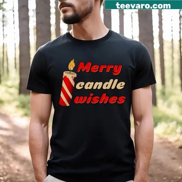 Candle design with 'Merry Candle Wishes' text on a T-shirt