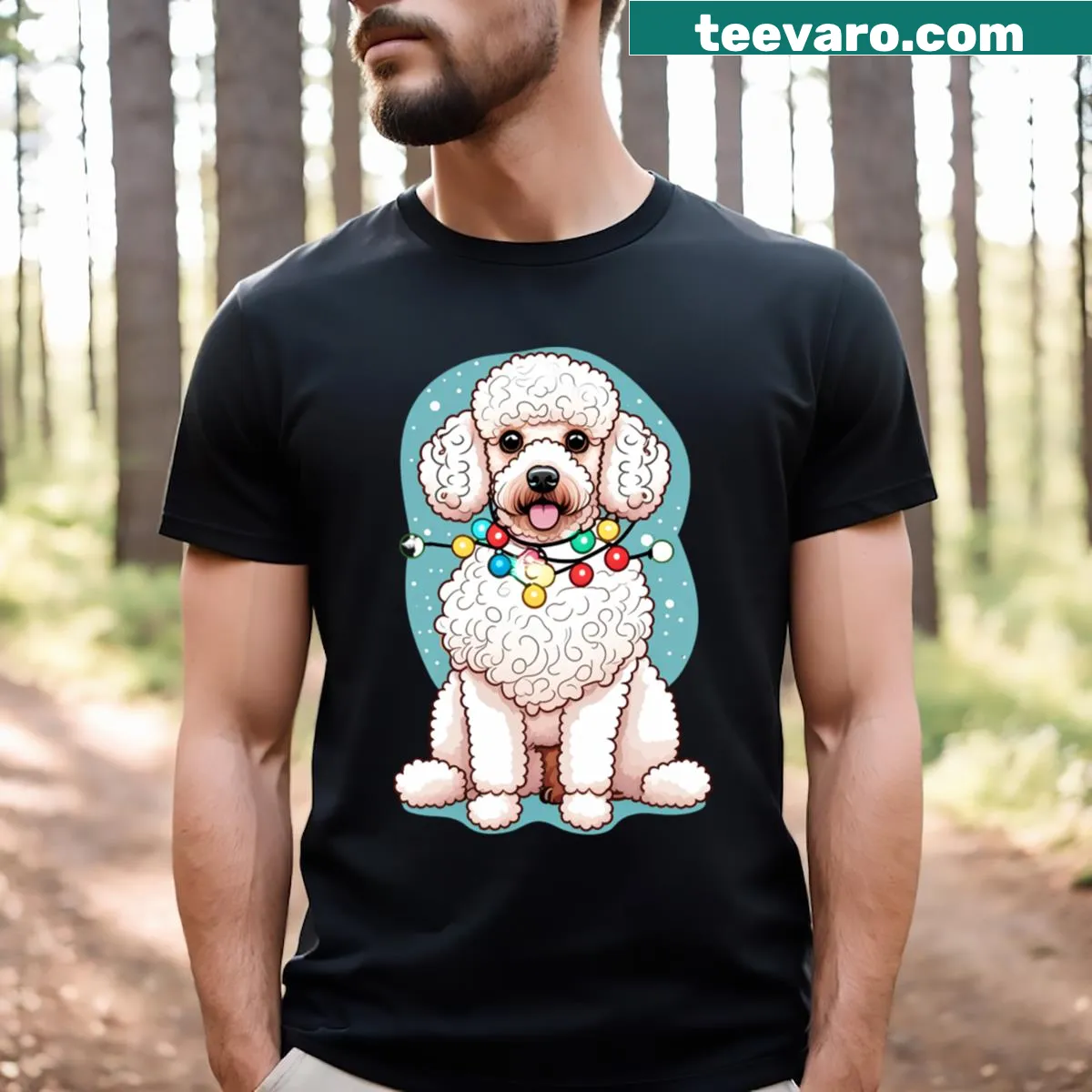 Illustrated poodle in festive accessories for Christmas — on a men's t-shirt