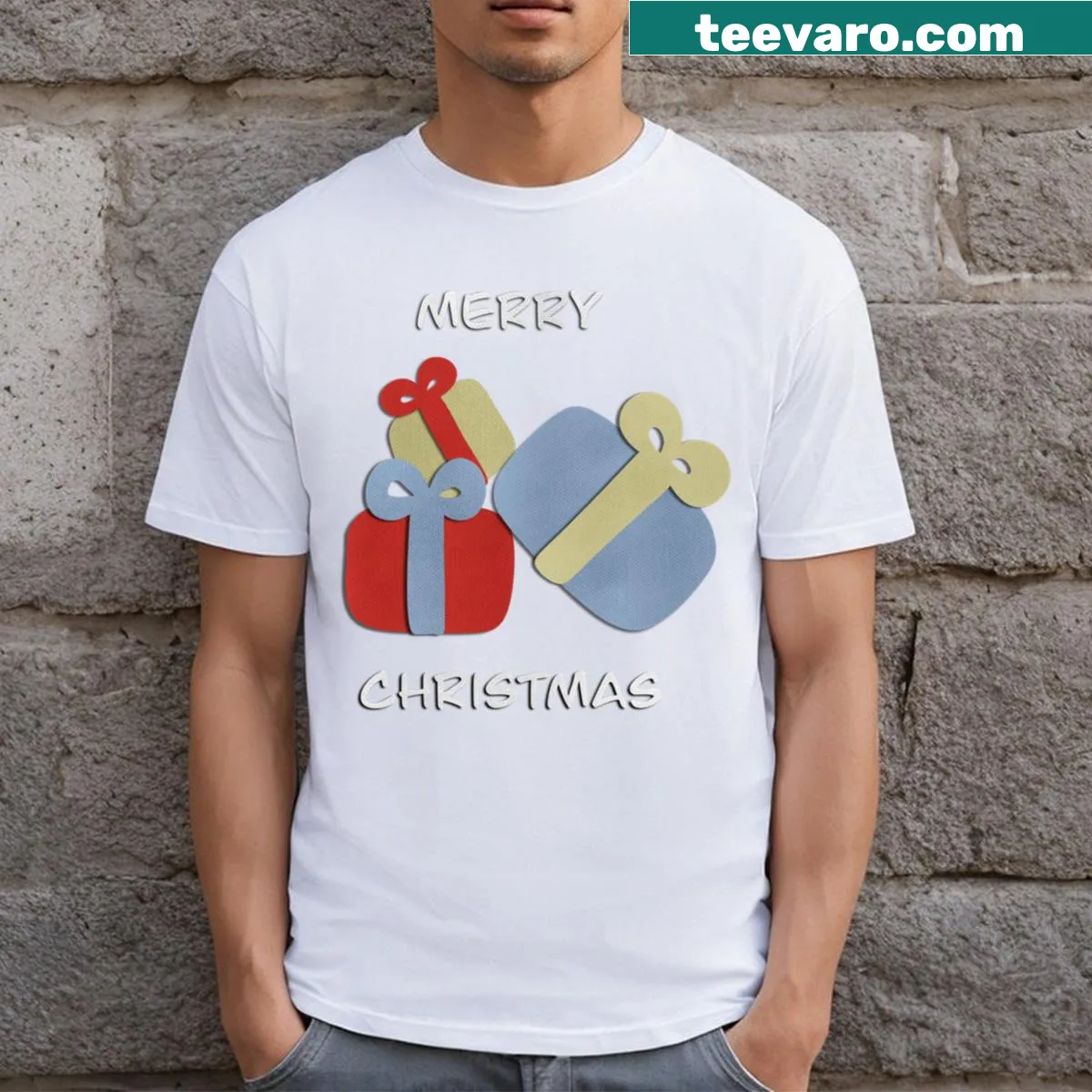 Charming Christmas presents in paper cut style graphic t-shirt — on a men's t-shirt