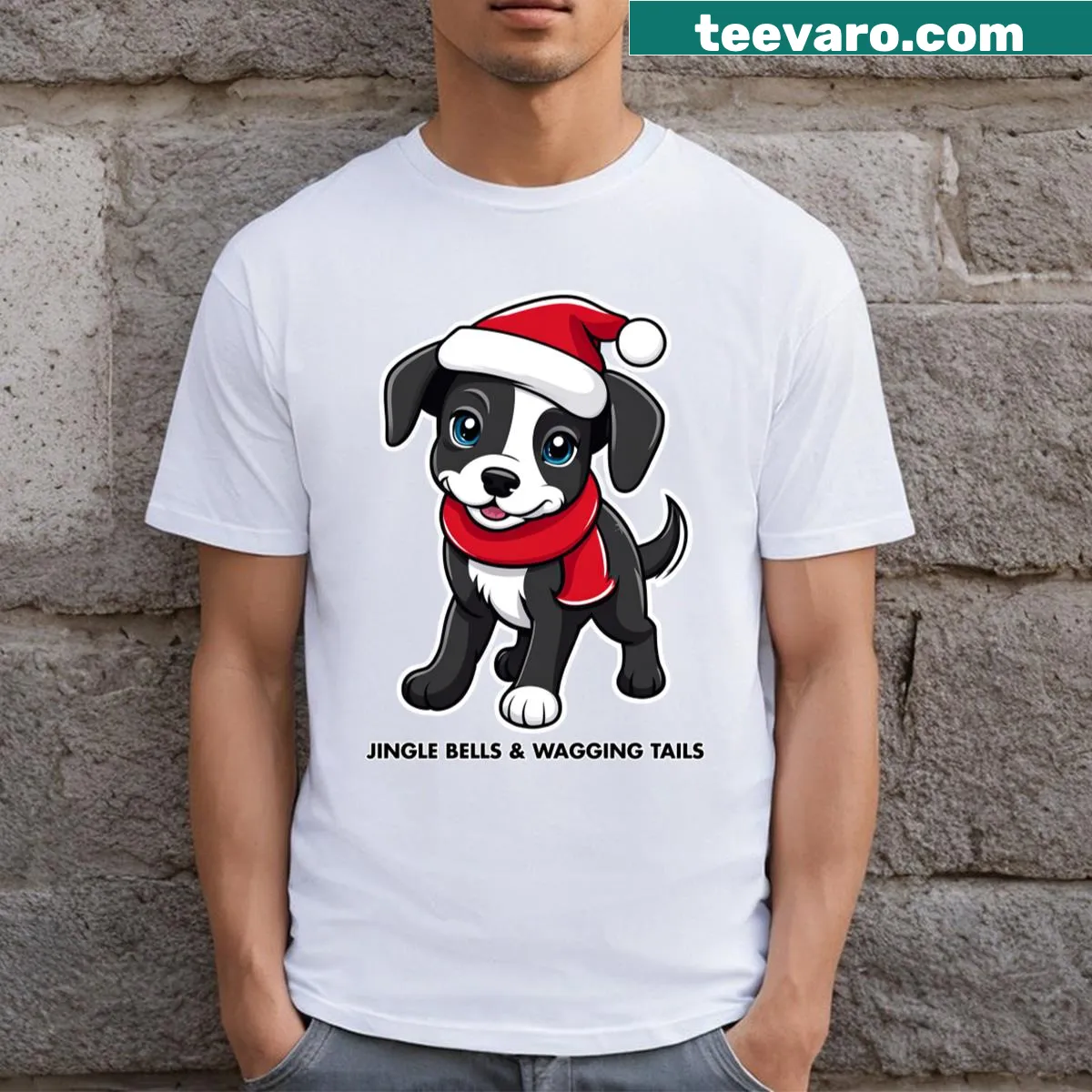 Playful puppy with jingle bells on a festive T-shirt — on a men's t-shirt