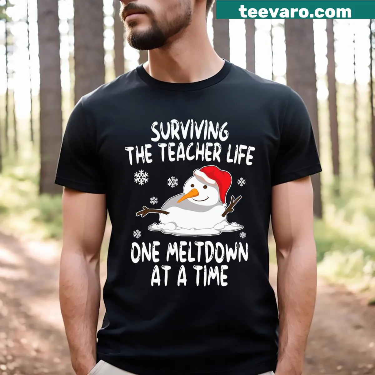 Funny Christmas teacher shirt with 'Surviving Teacher Life Meltdown' text — on a men's t-shirt