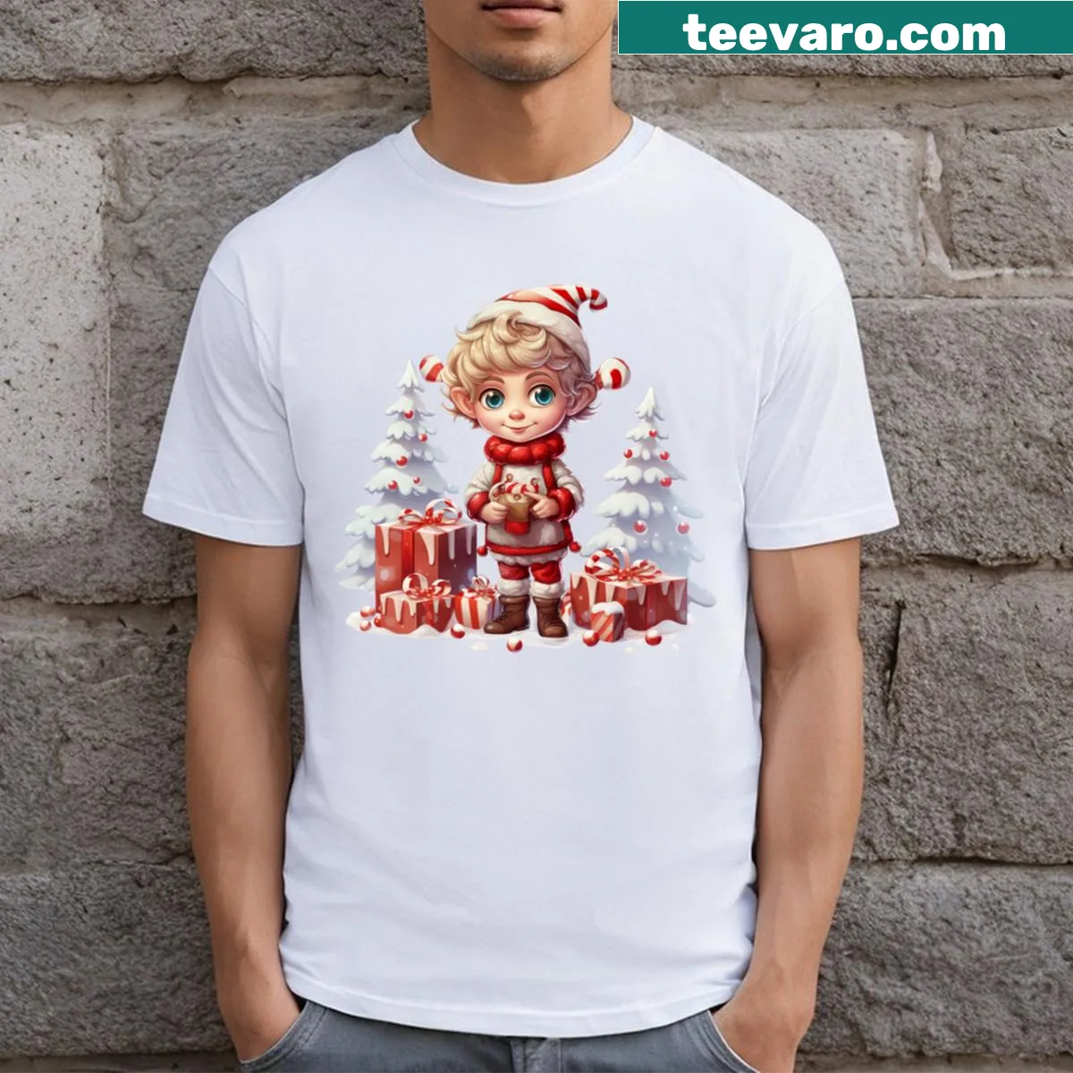 T-shirt featuring a cute Christmas elf illustration — on a men's t-shirt