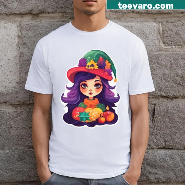 T-shirt featuring a whimsical Christmas witch illustration