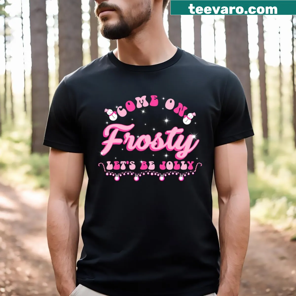 90s style Christmas shirt with cheerful snowmen and playful text — on a men's t-shirt