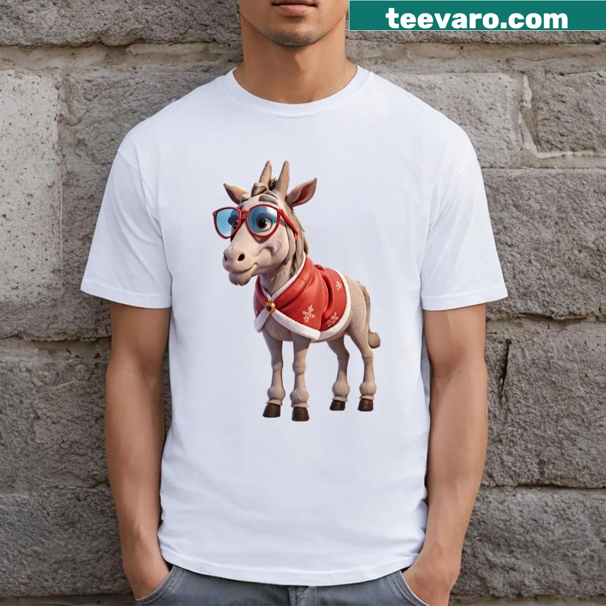 Whimsical Christmas donkey illustration on a festive t-shirt — on a men's t-shirt