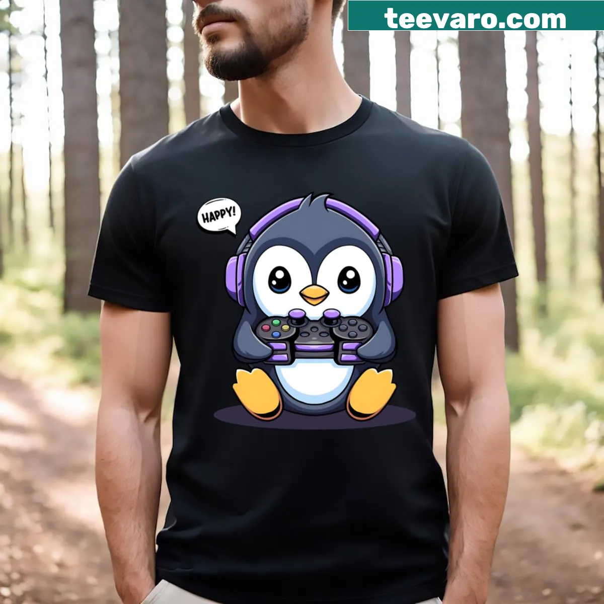 Cute penguin with headphones gaming design on T-shirt — on a men's t-shirt