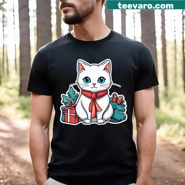 Illustrated white Christmas cat with blue eyes for holiday wear
